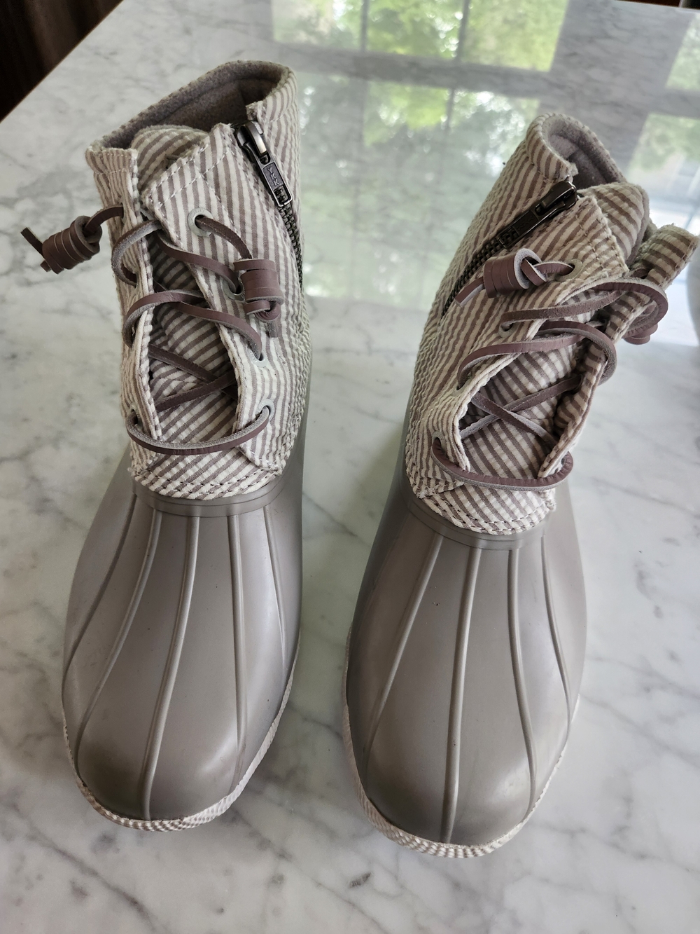 Sperry Grey and White Striped Duck Boots, NEW.